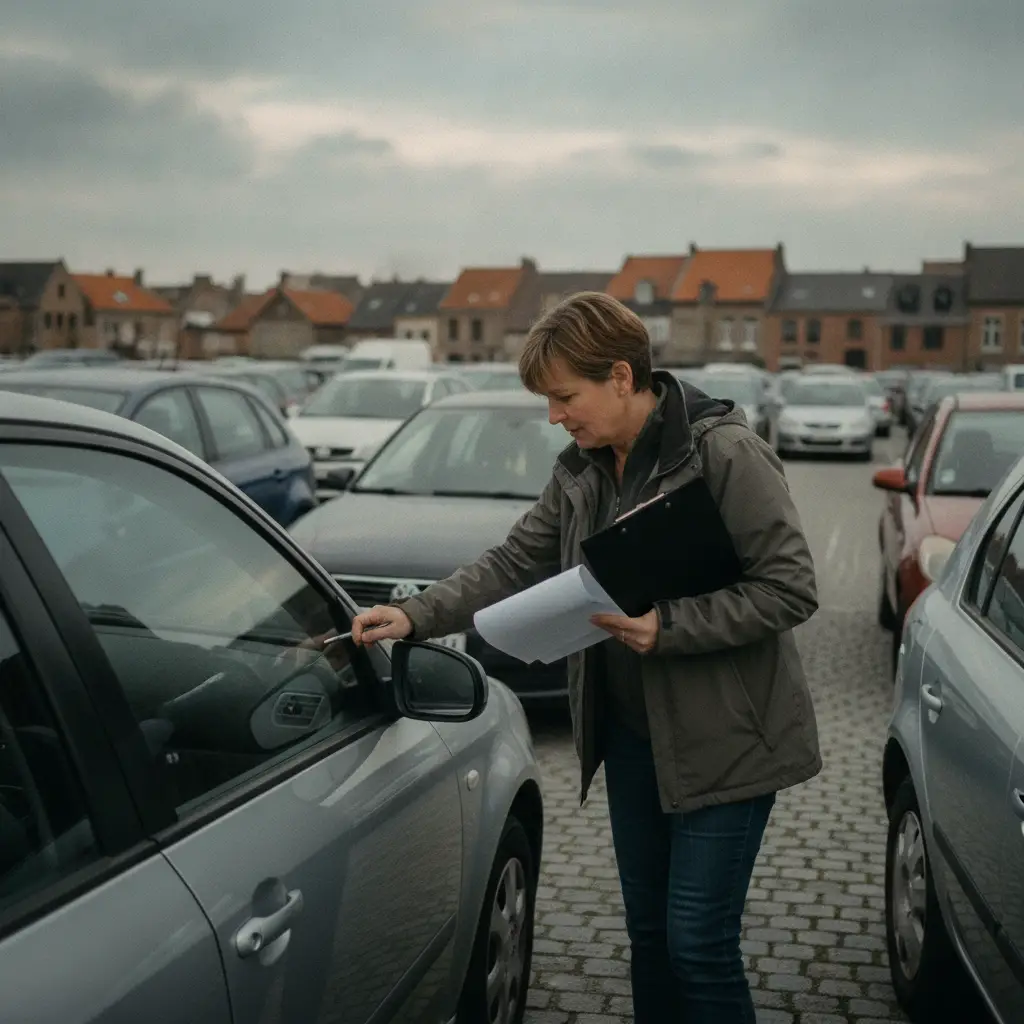 Mandataire automobile inspectant la carrosserie d'une voiture d'occasion avant la mise en vente en Belgique