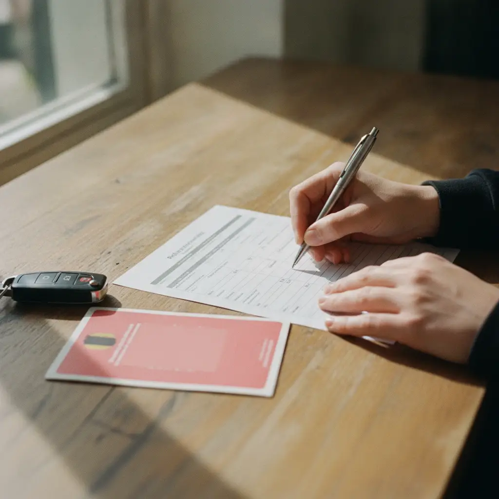 Personne remplissant des documents d'immatriculation neerlandais RDW pres d'une cle de voiture et du certificat d'immatriculation belge