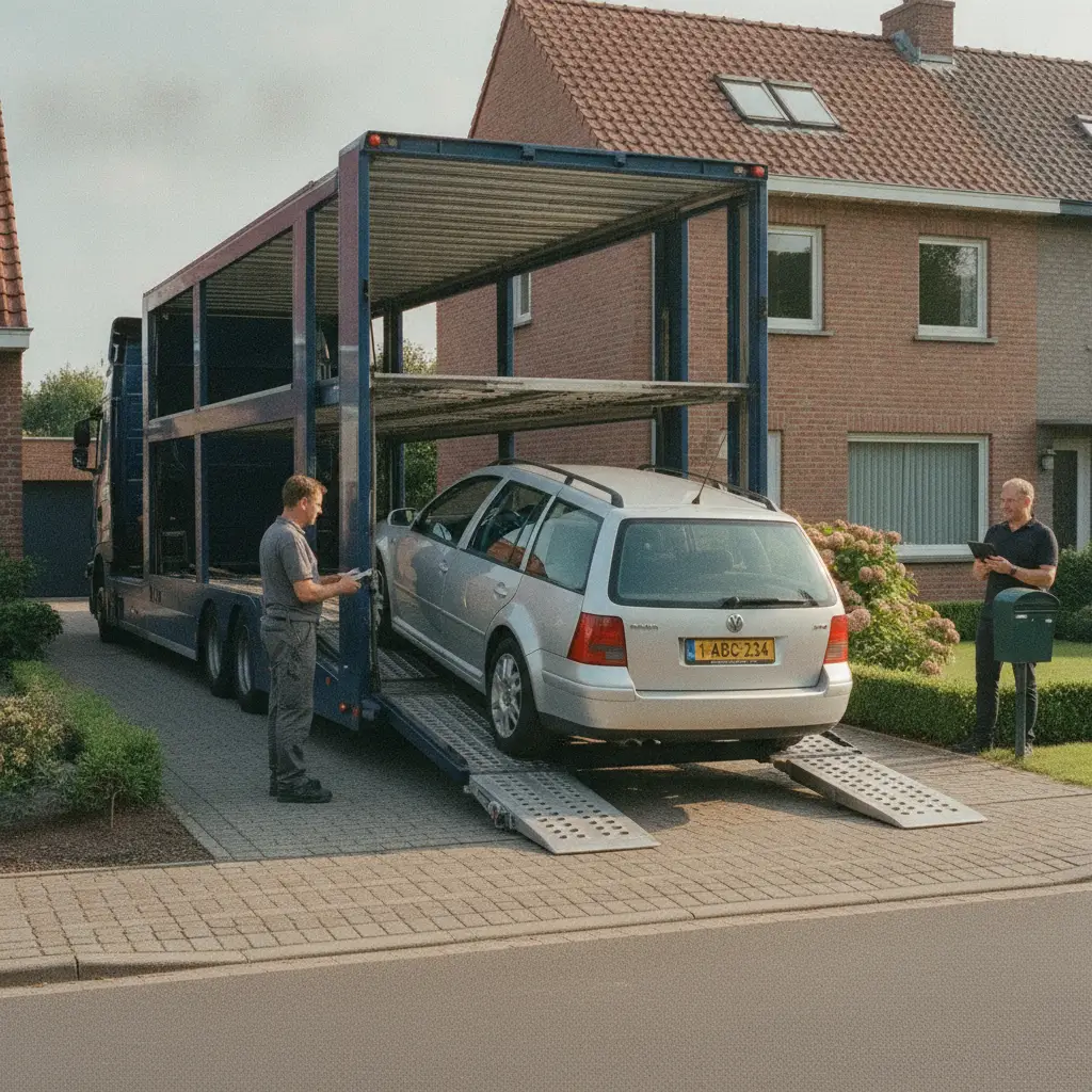 Voiture avec plaque belge chargee sur un camion de transport pour livraison a un acheteur neerlandais