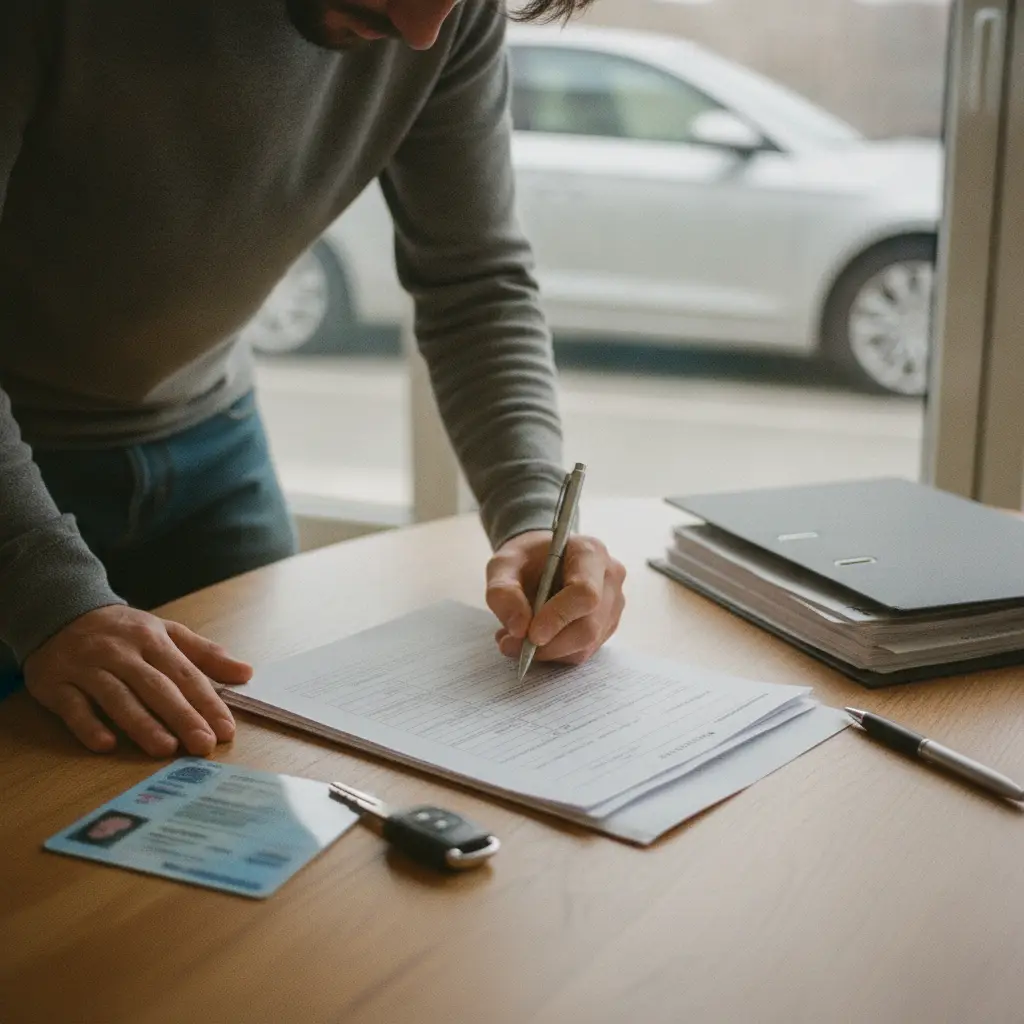 Signature d'un contrat de vente de voiture avec cles et documents sur une table