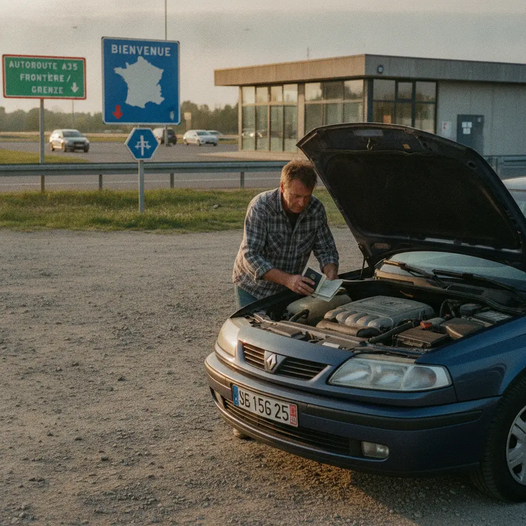 Voiture avec plaque belge a un arret routier en France pres d'un panneau frontiere