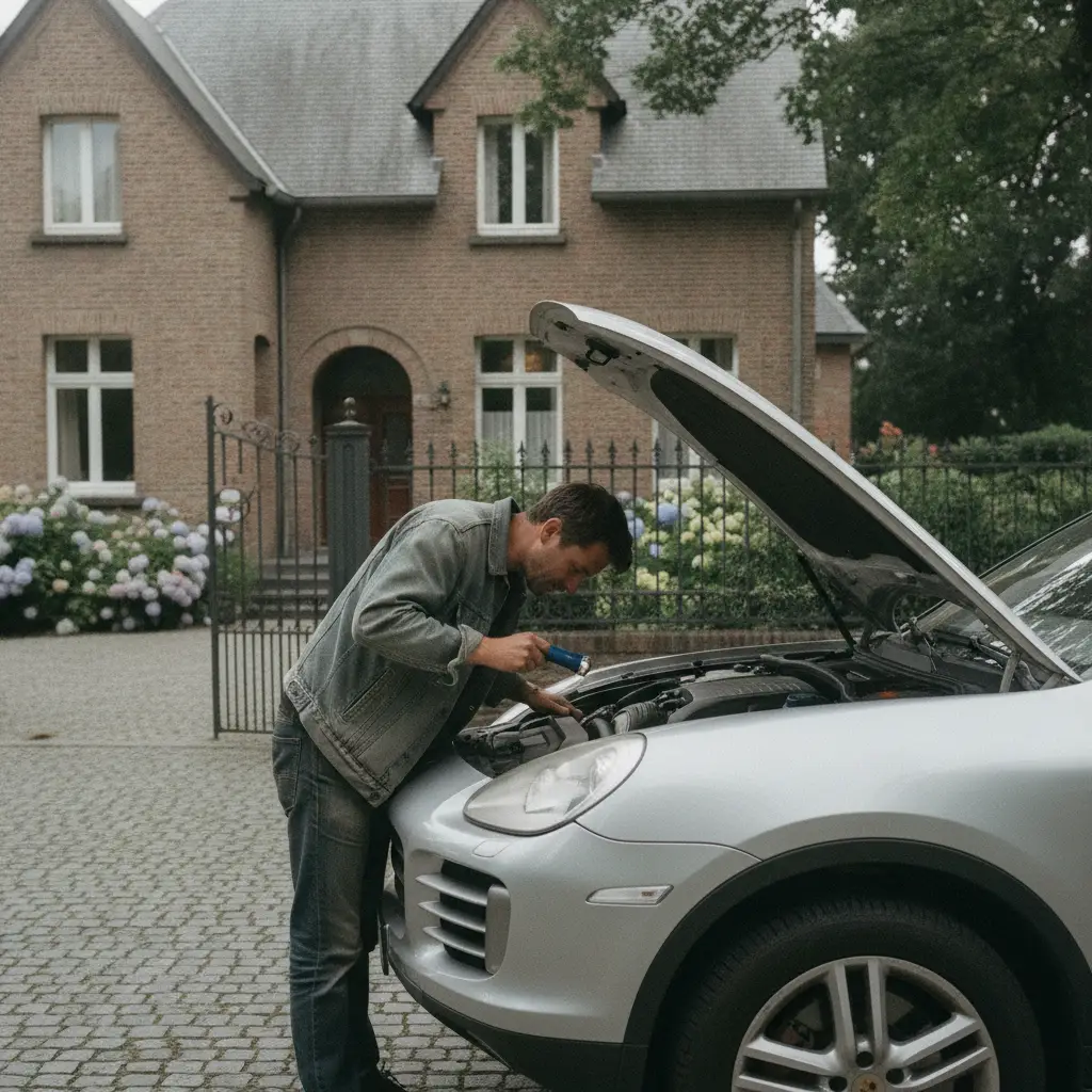 Homme inspectant le compartiment moteur d'un Porsche Cayenne gris capot ouvert dans une allee en Belgique
