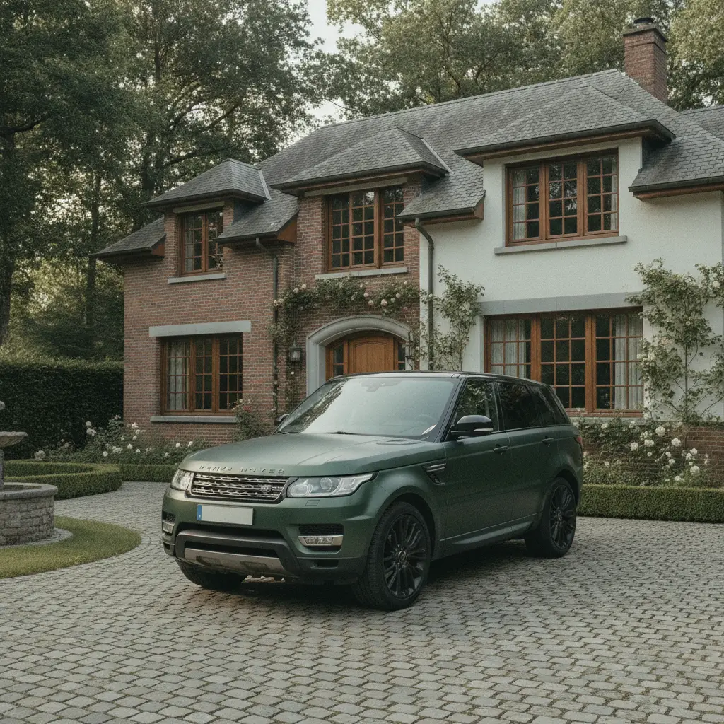 Range Rover Sport vert fonce gare dans l'allee d'une maison residentielle belge en apres-midi