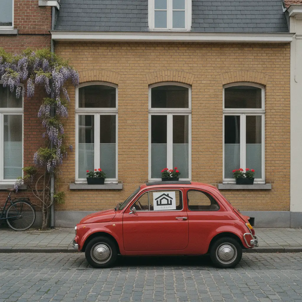 Petite Fiat 500 rouge garee devant une maison belge avec un panneau a vendre sur le pare-brise