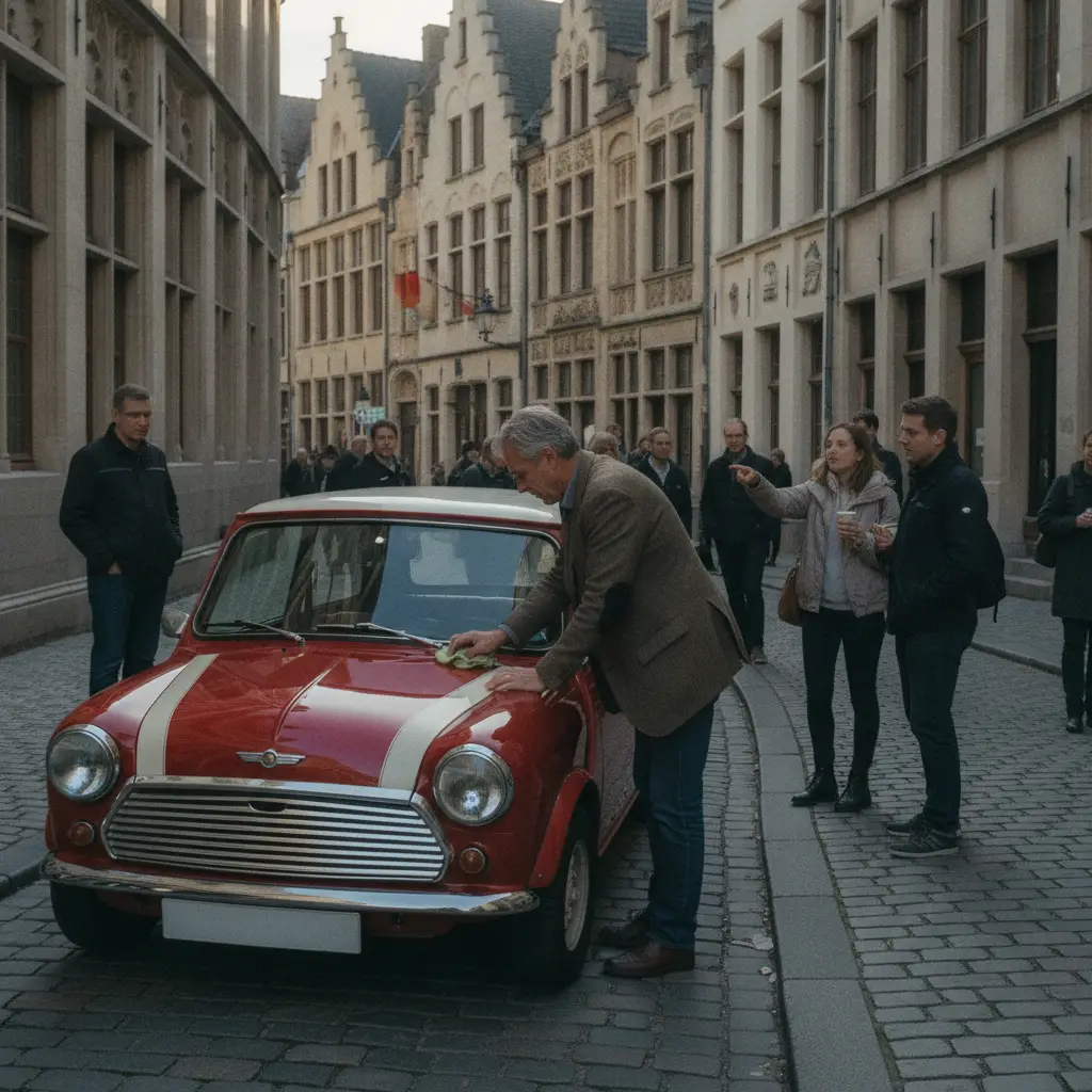 Mini Cooper garee sur une rue pavee d'une ville belge avant une vente entre particuliers