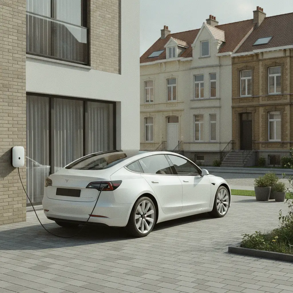 Tesla Model 3 blanche garee dans une allee residentielle belge en charge sur une wallbox murale