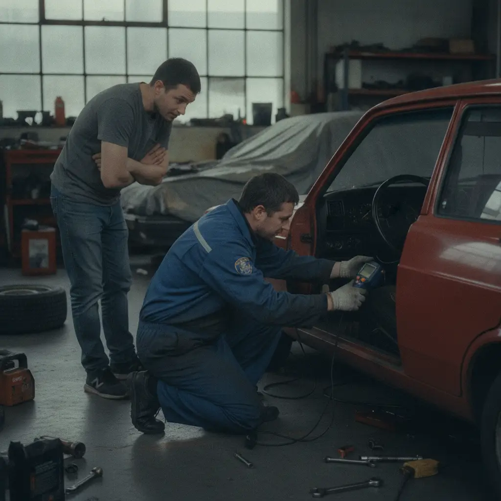 Mecanicien branchant une valise de diagnostic sur la prise OBD d'une voiture pendant qu'un client observe