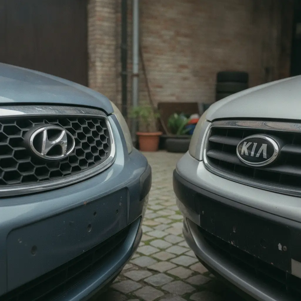 Badges Kia et Hyundai en gros plan sur la calandre de deux vehicules d'occasion dans une cour de garage