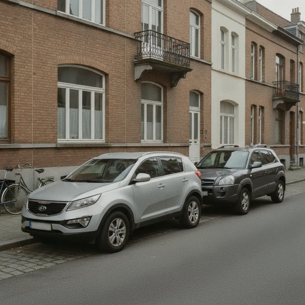 Kia et Hyundai d'occasion garees l'une a cote de l'autre dans une rue residentielle belge