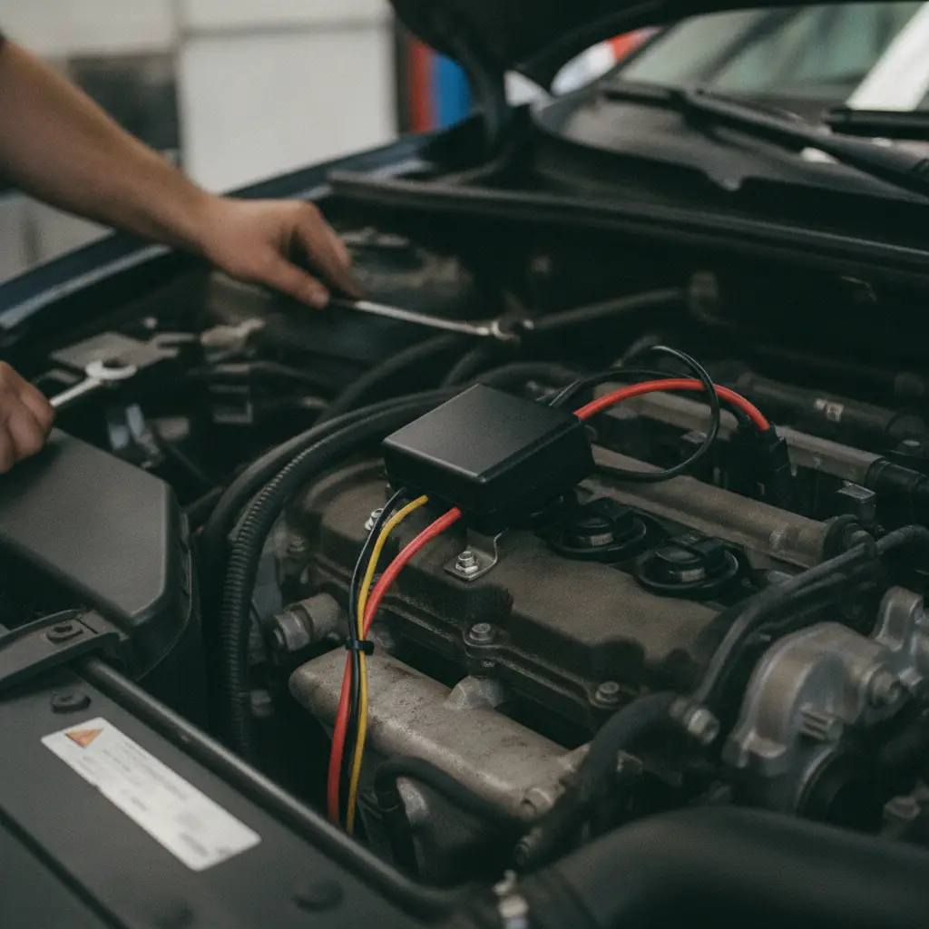 Boitier de conversion ethanol installe dans le compartiment moteur d'une voiture