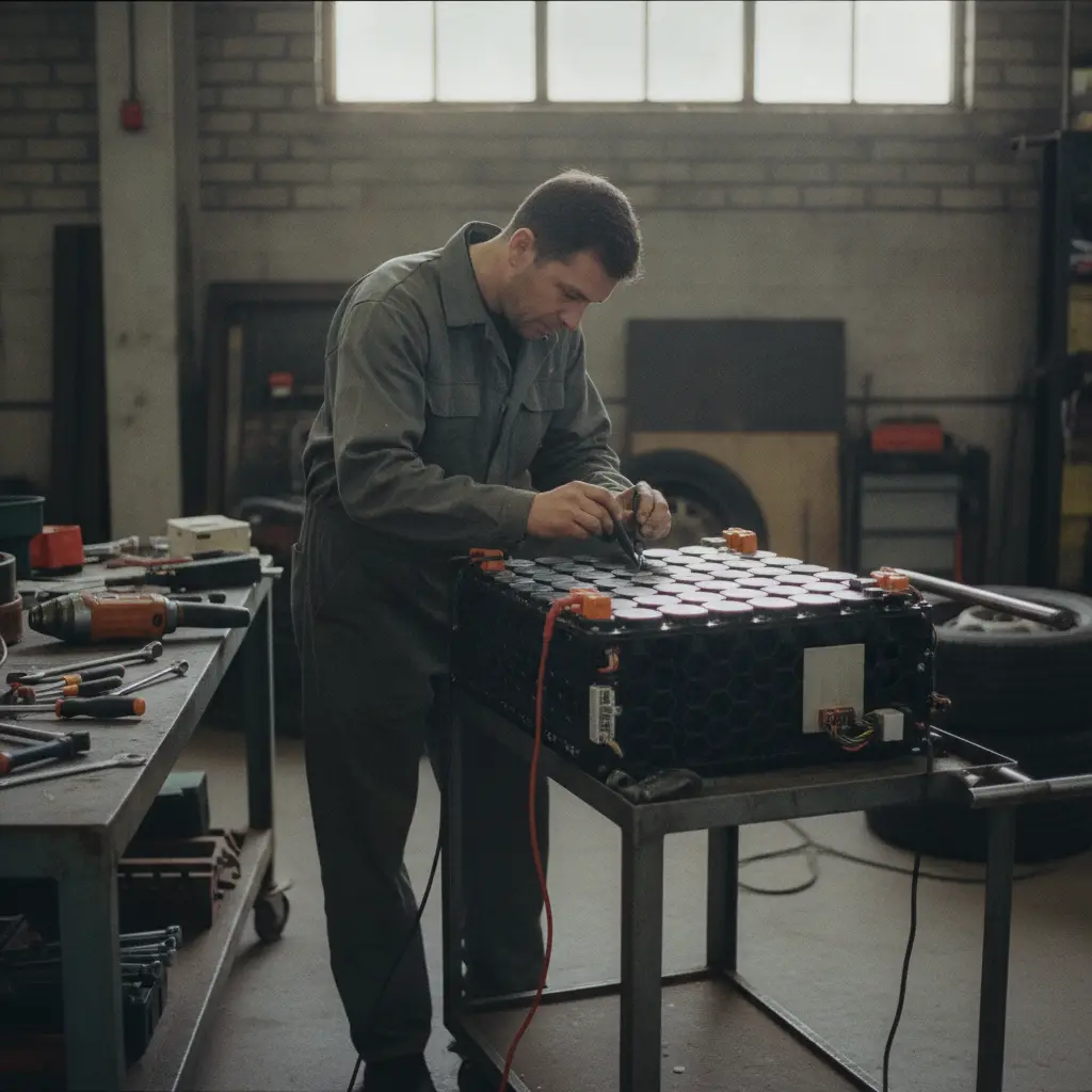 Mecanicien inspectant un pack batterie de voiture electrique demonte dans un atelier