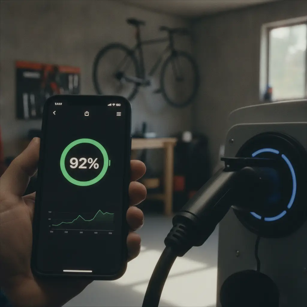 Smartphone affichant le niveau de charge de la batterie pres du cable branche sur la wallbox dans un garage