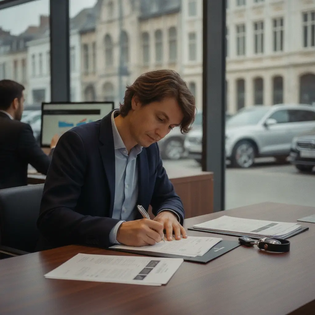 Signature d'un contrat de location avec option d'achat chez un concessionnaire en Belgique