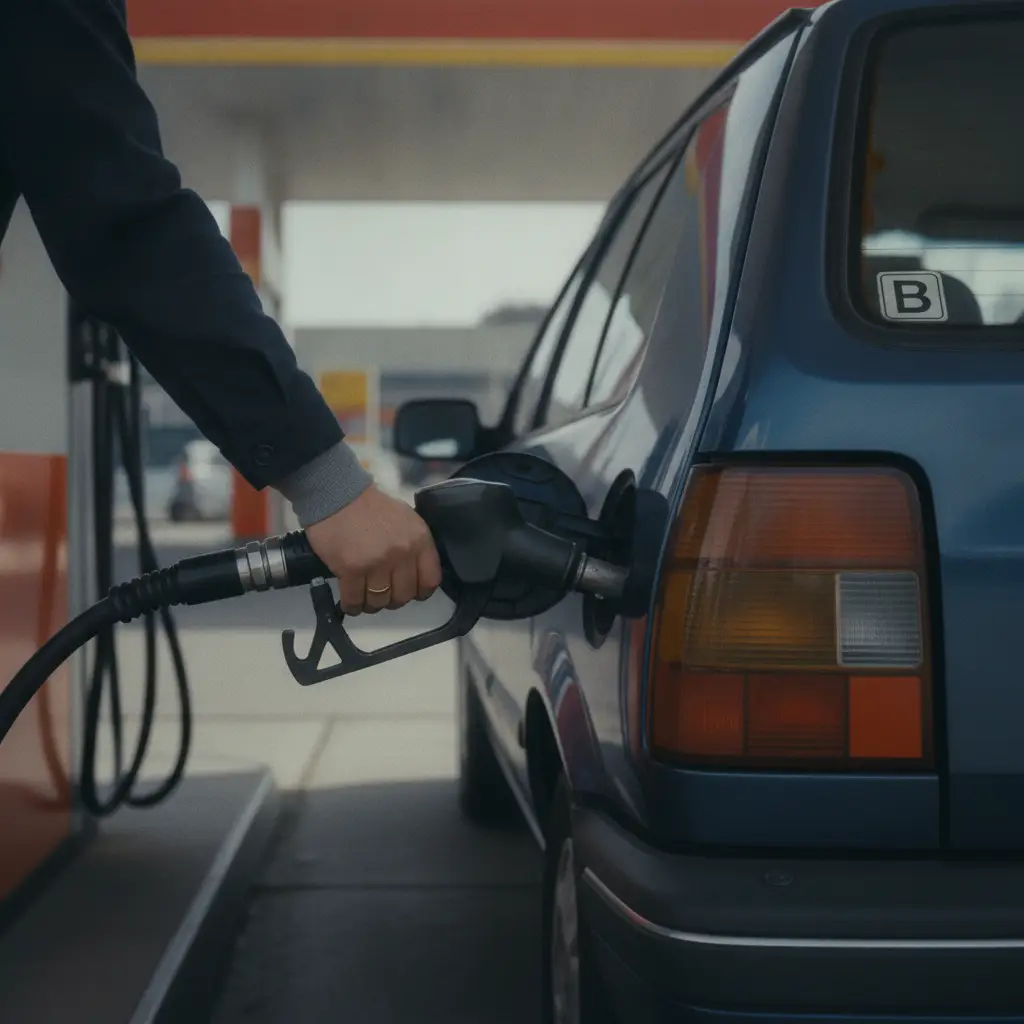 Gros plan sur une main tenant le pistolet de pompe a essence lors du plein d'une voiture en Belgique