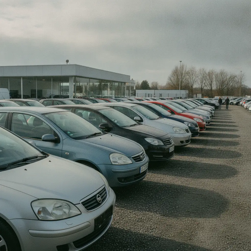 Rangee de voitures d'occasion essence garees chez un concessionnaire en Belgique sous un ciel couvert