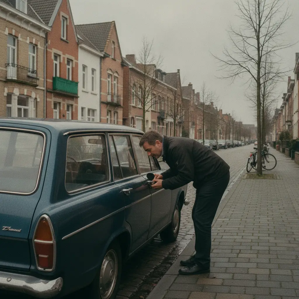 Proprietaire verifiant le bouchon de carburant d'une ancienne voiture flexfuel garee dans une rue residentielle en Belgique