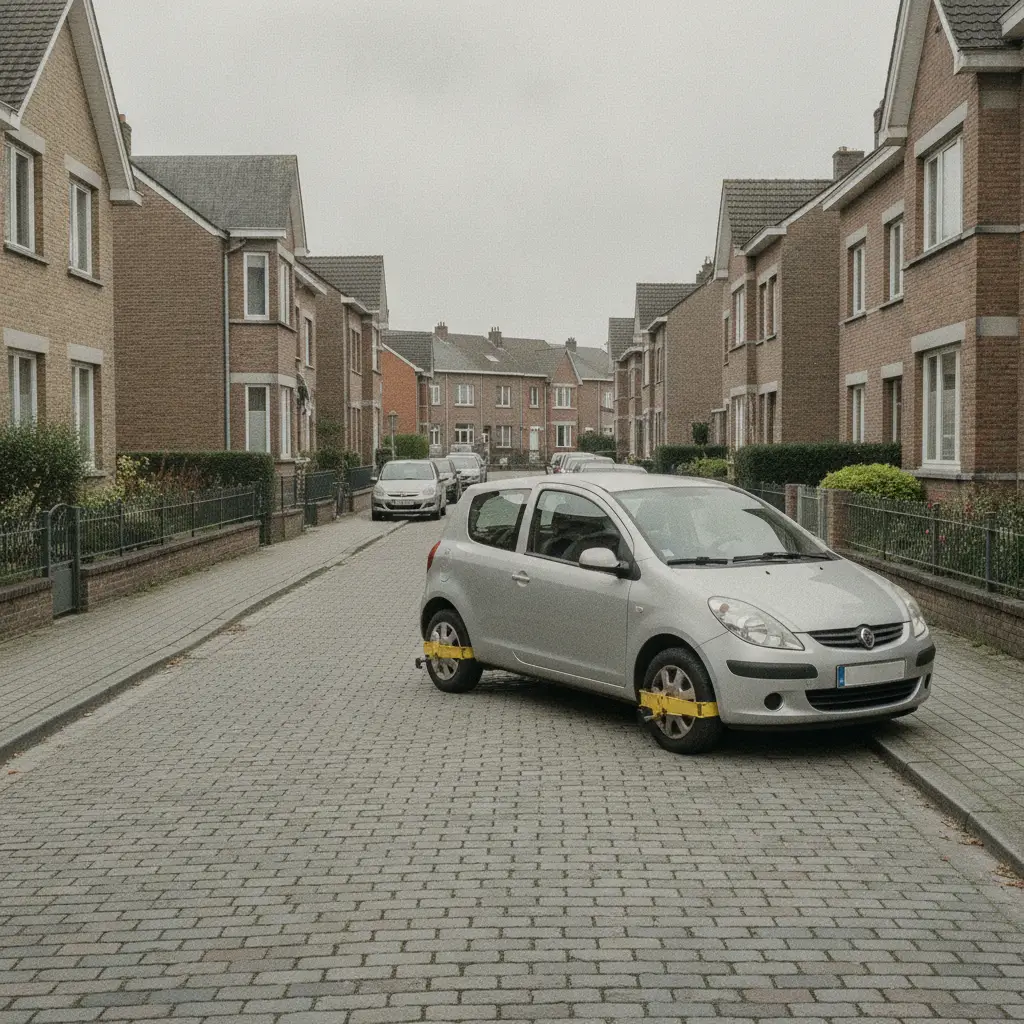 Voiture immobilisee avec un sabot de roue dans une rue residentielle belge un jour nuageux