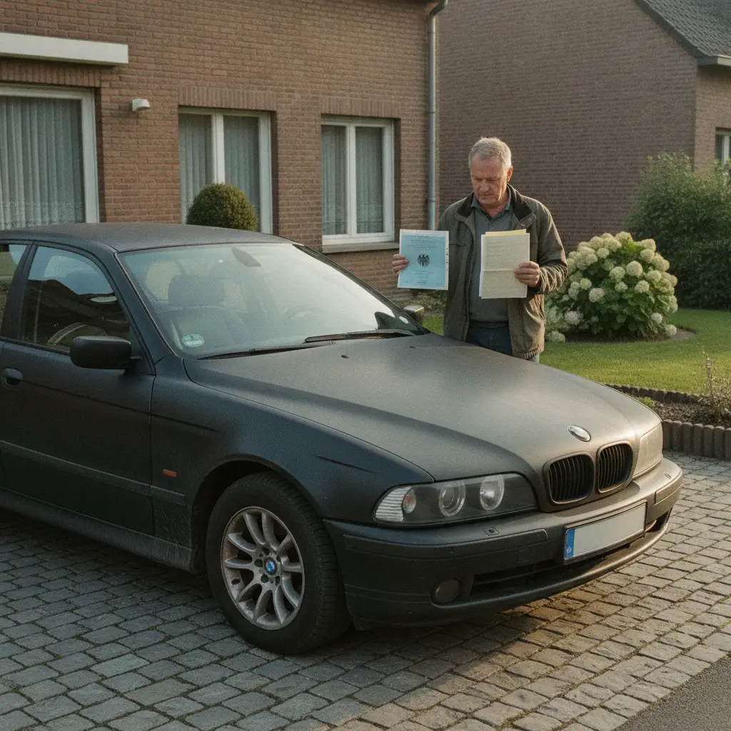 Voiture allemande importee garee dans une allee en Belgique avec les documents de vente