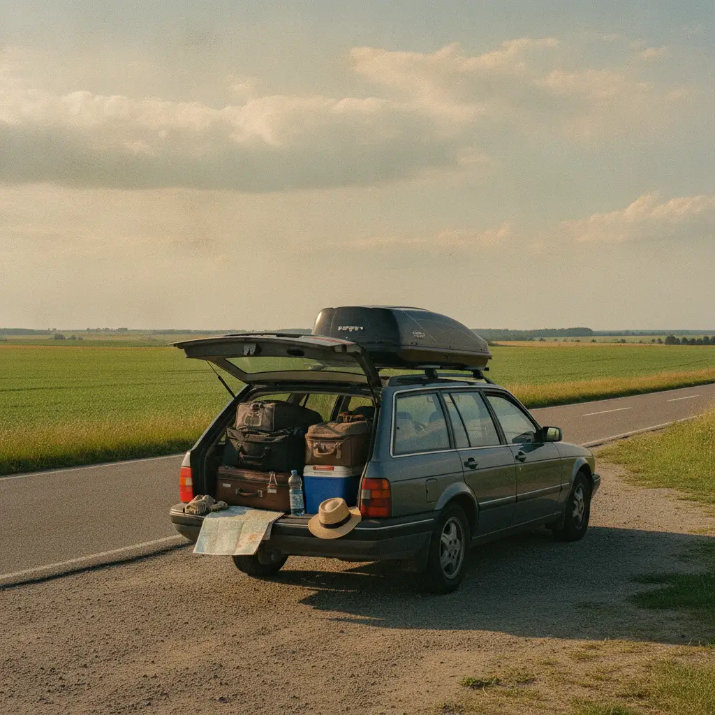 Voiture chargee de bagages garee en bord de route lors d'un long voyage