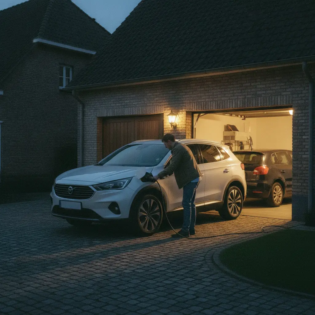 Propietaire branchant sa voiture hybride rechargeable dans une allee de garage le soir