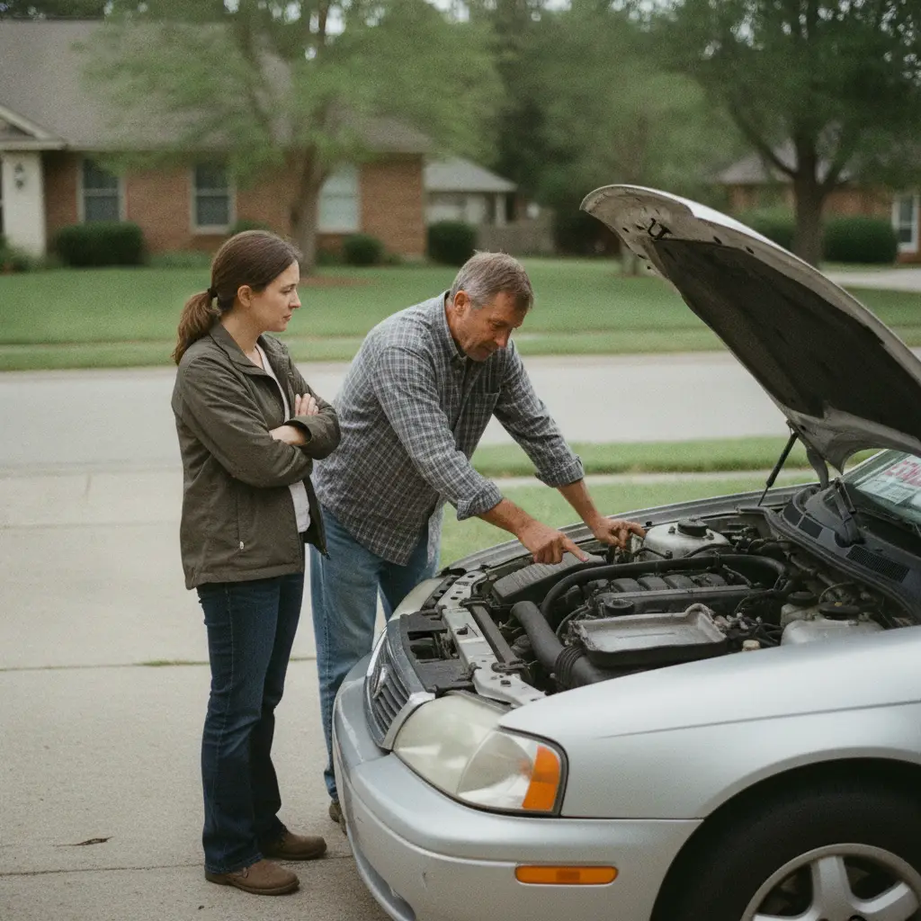 Vendeur et acheteur discutant devant le capot ouvert d'une voiture d'occasion lors d'une vente entre particuliers