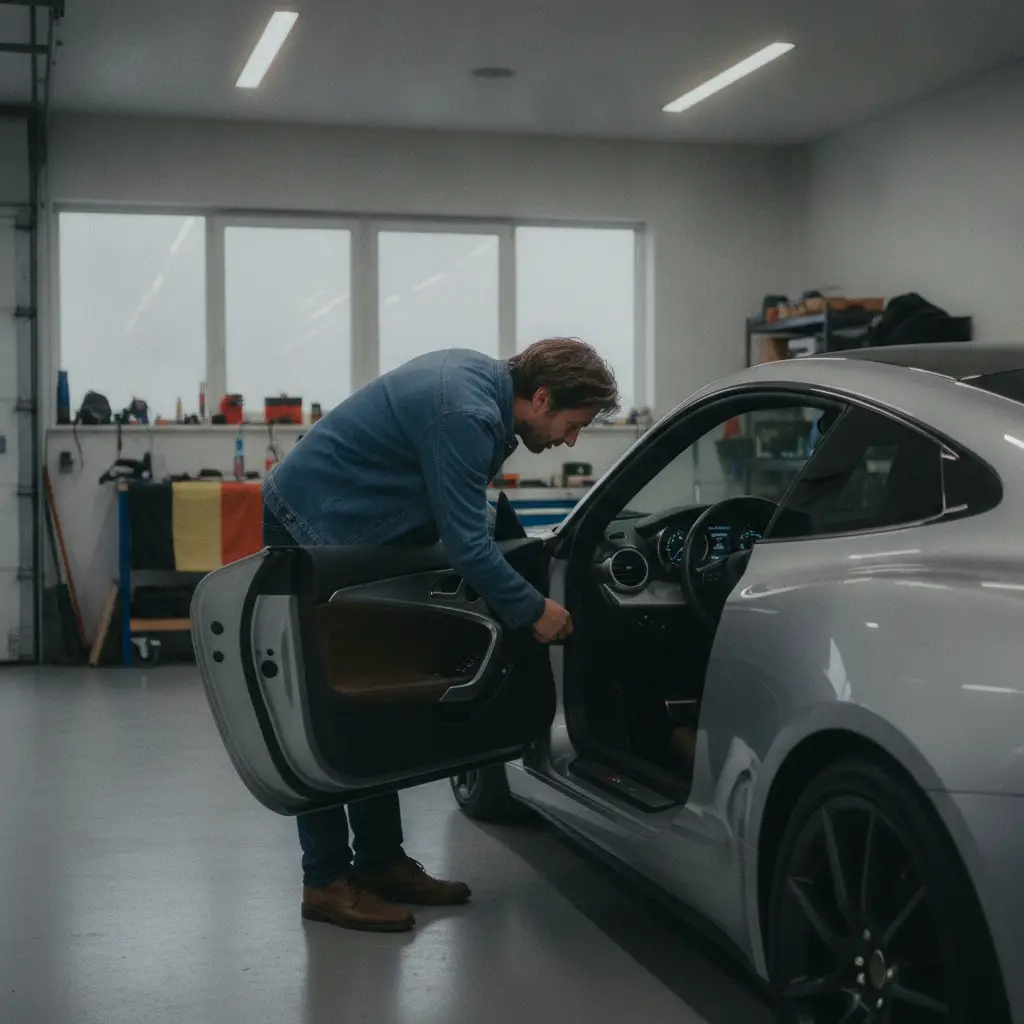 Acheteur inspectant l'interieur et le tableau de bord d'une voiture sportive dans un garage