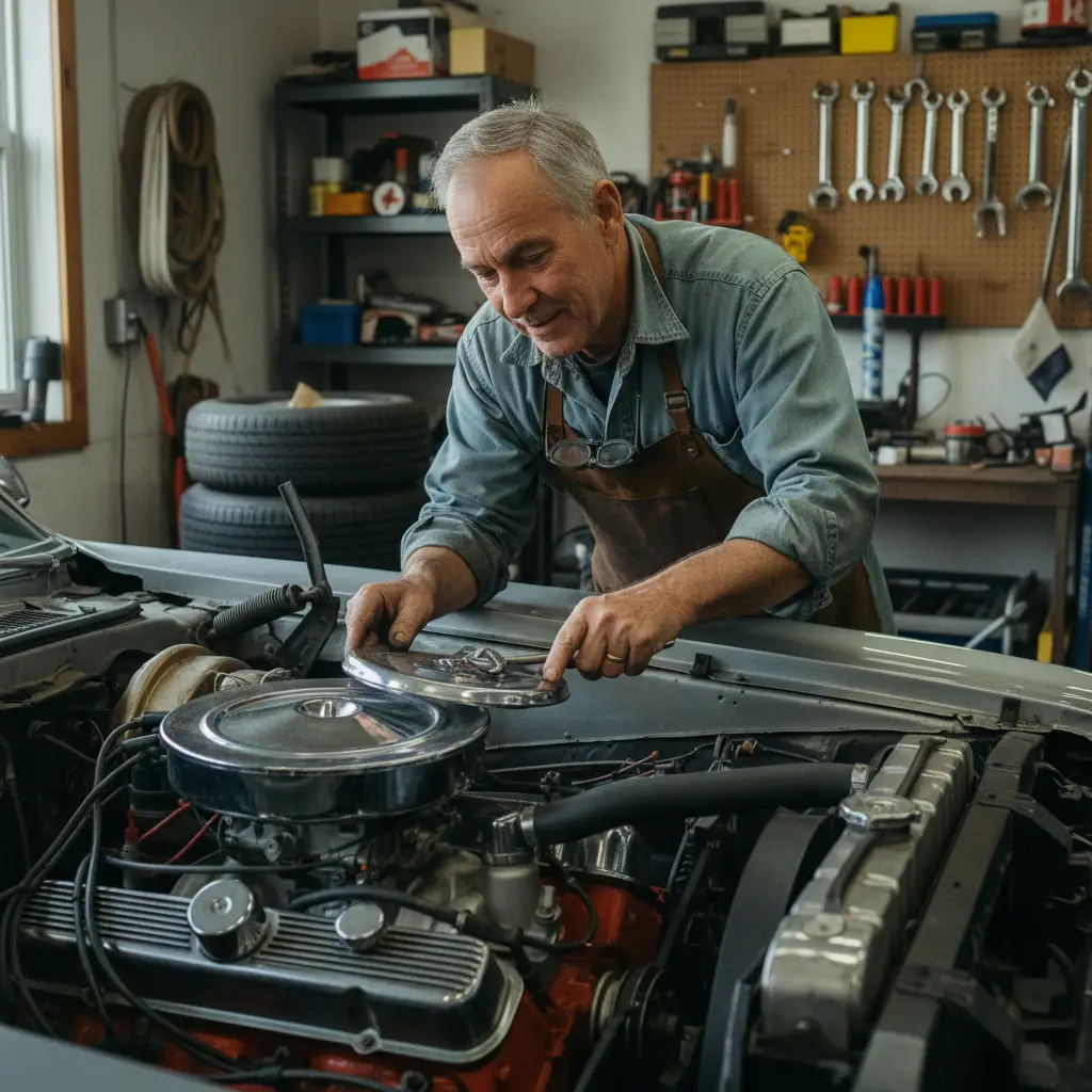 Inspection moteur d'une voiture de collection dans un atelier