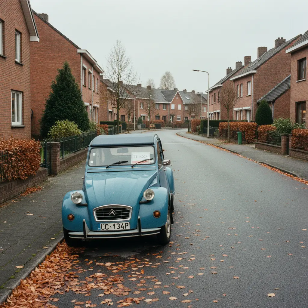 Voiture à vendre garée dans une rue résidentielle belge en automne