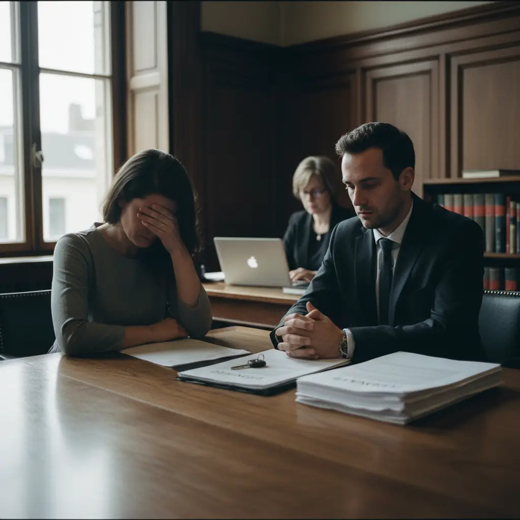 Couple lors d'une procédure de divorce avec des clés de voiture sur la table d'un notaire