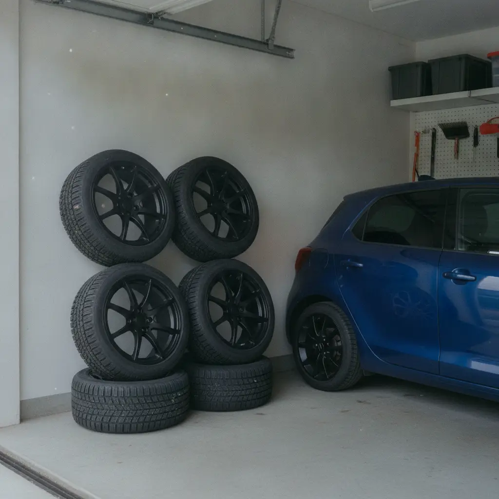Jeu de pneus hiver sur jantes noires rangé dans un garage à côté d'une voiture compacte