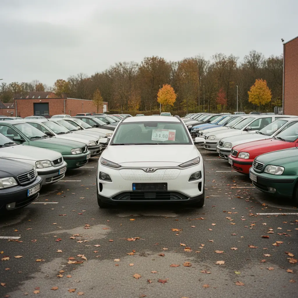 Voiture électrique en vente dans un lot de véhicules d'occasion en Belgique