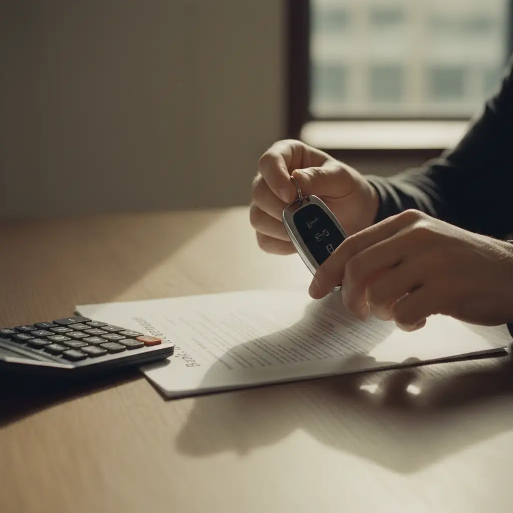 Mains tenant des clés de voiture au-dessus de documents de prêt automobile