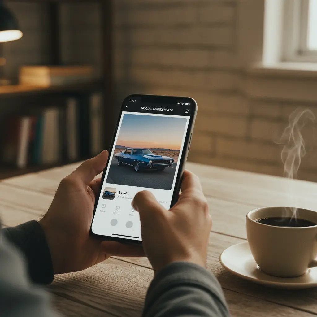 Mains tenant un smartphone consultant des annonces de voitures sur une marketplace