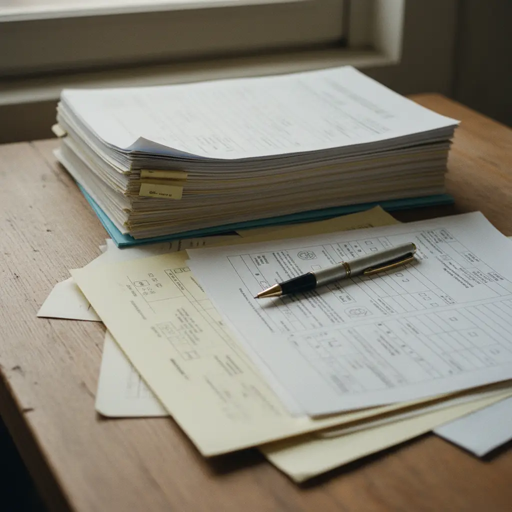 Documents administratifs et papiers de véhicule étalés sur un bureau