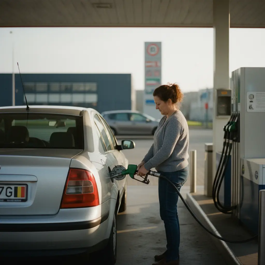Conducteur belge faisant le plein de LPG à une station-service