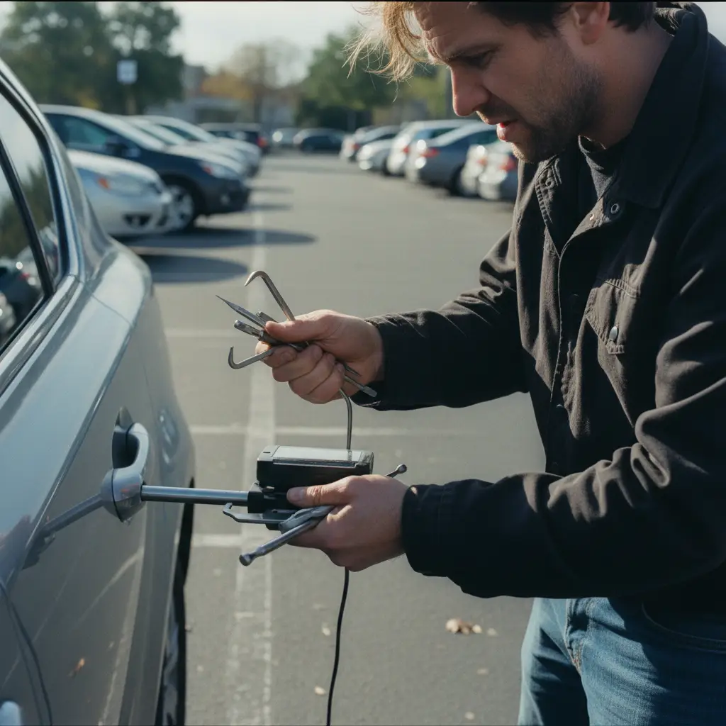 Serrurier automobile travaillant sur une serrure de voiture