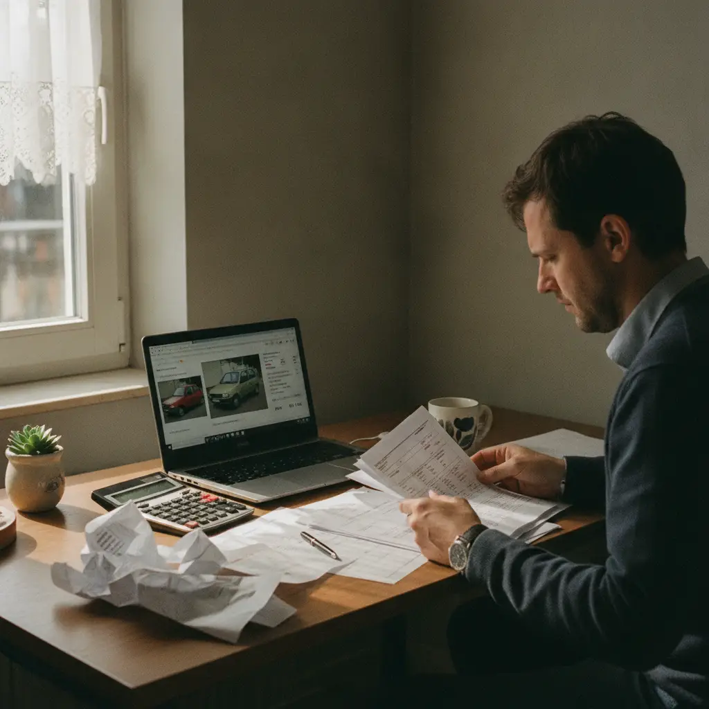 Personne a un bureau en Belgique consultant des documents fiscaux et une calculatrice a cote d'un ordinateur portable affichant une annonce de voiture d'occasion