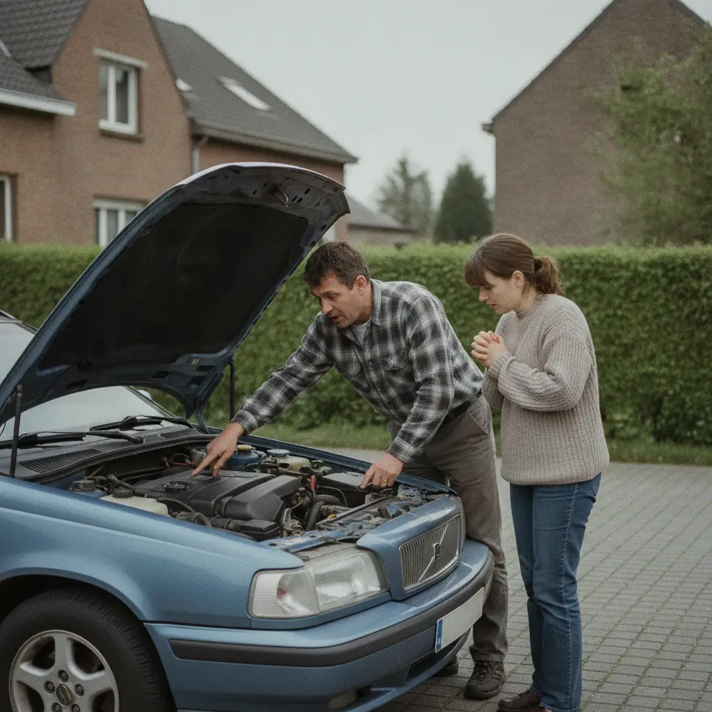 Un couple inspecte le moteur d'une voiture d'occasion dans une allee en Belgique