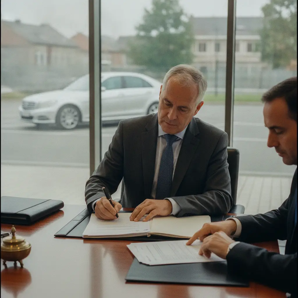Personne signant un document juridique dans un bureau de notaire avec une voiture visible par la fenetre