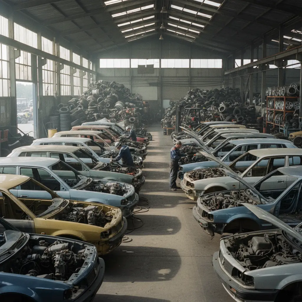 Parc industriel de véhicules en cours de démantèlement dans un centre de recyclage automobile agréé