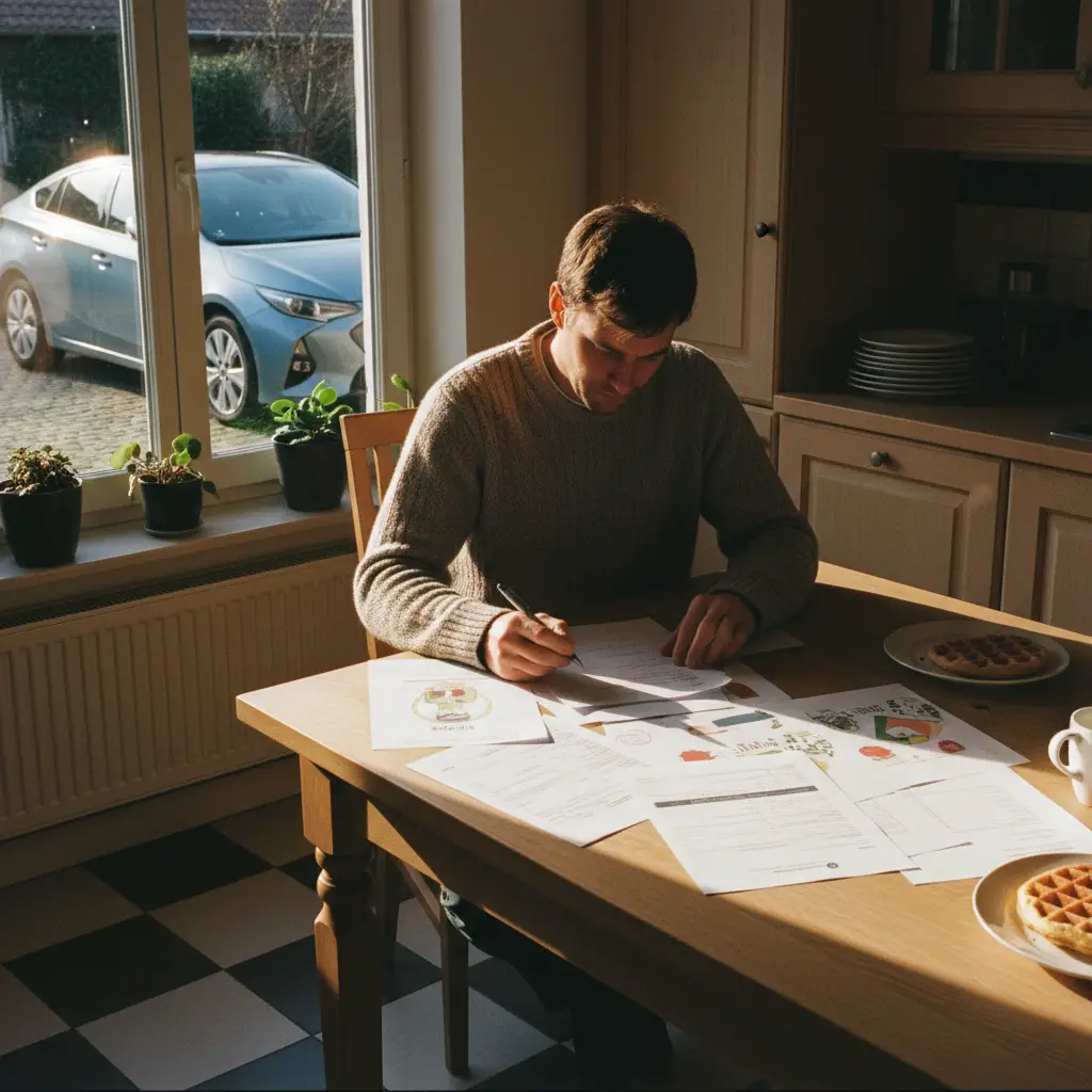 Personne étudiant des documents administratifs pour sa voiture avec un hybride visible par la fenêtre